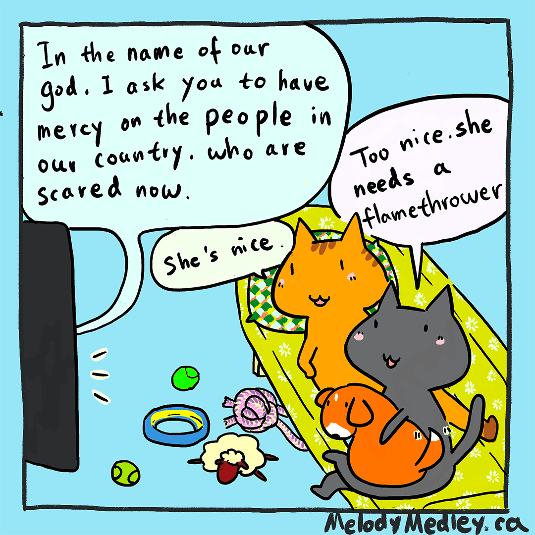 Watching the Bishop give a sermon to the Trump Administration. "She needs a flamethrower", says Melody. 